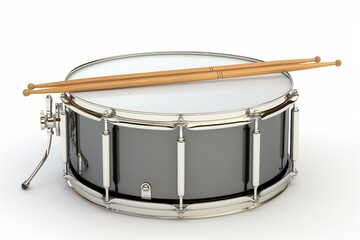 A snare drum with two wooden drumsticks on top, isolated on white background