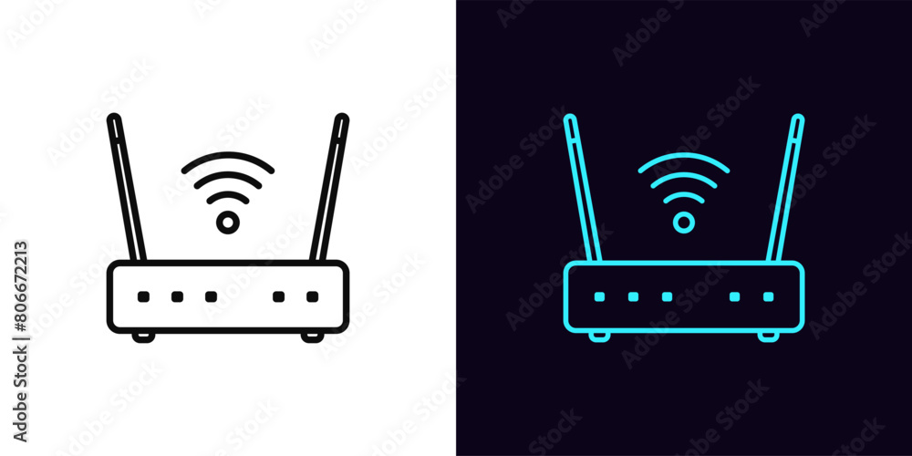 Poster outline wifi router icon, with editable stroke. wifi router with antennas and wave signal. wireless 