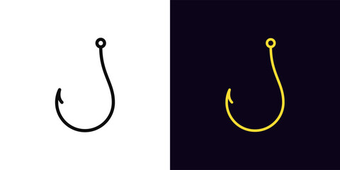 Outline fishhook icon, with editable stroke. Hook sign, symbol of internet fraud and deceit. Cyber security, bait and trick, digital threat, data theft and fraud, web phishing, scam. Vector icon