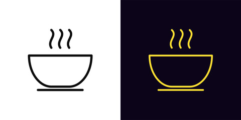 Outline hot soup icon, with editable stroke. Bowl soup sign with steam. Bowl with hot dish, soup meal with yummy smell, breakfast and lunch food, hot dinner menu, recipe for cooking. Vector icon