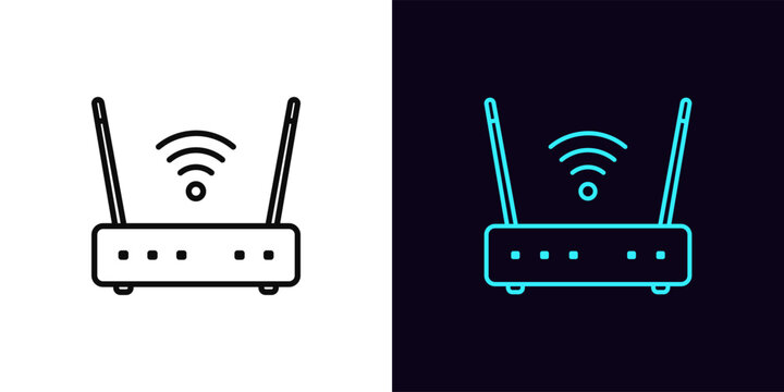 Outline wifi router icon, with editable stroke. Wifi router with antennas and wave signal. Wireless internet, mobile hotspot, modem with wifi network, internet connection. Vector icon