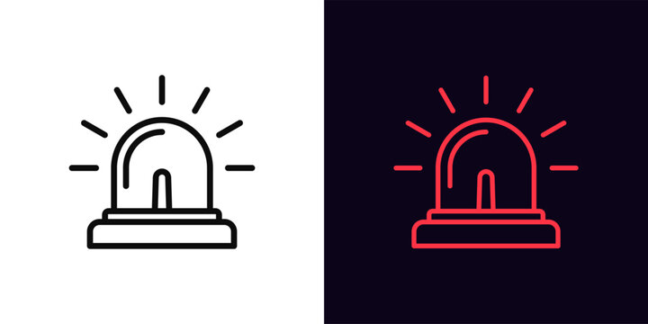 Outline siren lamp icon, with editable stroke. Emergency beacon with light rays. Police or ambulance flasher, alarm signal, emergency lamp, alert flash light, urgent warning and caution. Vector icon
