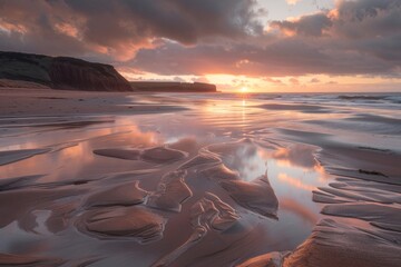 Sunset reflections on sandy beach with tide pools and cliffs