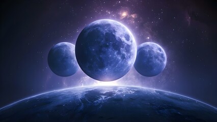 Triplet moons cast a purple glow on a blue planet at sunrise. Concept Sci-fi, Planets, Moons, Sunrise, Space