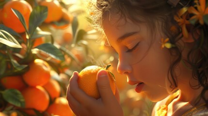 A young girl intimately engaging with the scent of a fresh citrus fruit in a sunlit grove. A young girl inhales the fresh scent of an orange amidst the warm glow of a citrus grove at sunset. AIG50
