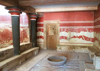 Impressive Ancient Throne Room in the Palace of Knossos, Archaeological Site of Knossos, Crete Island, Greece