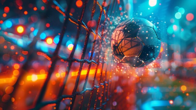 Soccer classic black white ball flies with pentagonal inserts into the goal, with bright colors, neon light effects, and a futuristic atmosphere. The background features a soccer stadium.