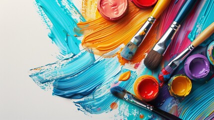 Vibrant art supplies with paint brushes and colorful strokes. Top view. Art palette with oil paints and brushes. theme with paint brushes and palette.