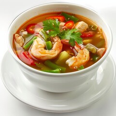 A bowl of shrimp and vegetable soup served on a white plate