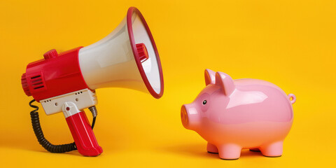 Naklejka premium megaphone and piggy bank on yellow background