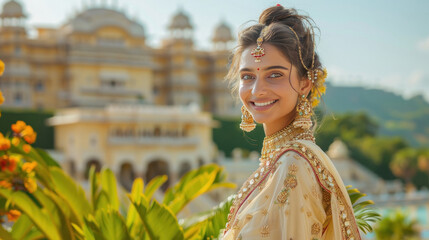 beautiful indian woman standing on royal palace background