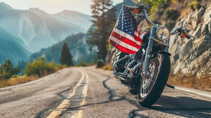 The American flag draped over a motorcycle, parked on a panoramic route with landscapes that narrate the tale of American adventure, clear isolated backdrop