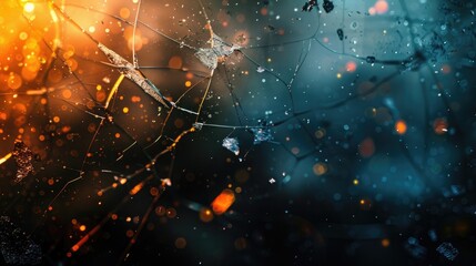 Fractured background, Blur lens flare, Dark shattered distressed dirty faded screen matrix texture with dust scratches smeared stains defocused orange blue white glow