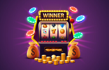 Casino 777 banner slots machine winner, jackpot fortune of luck. Vector illustration