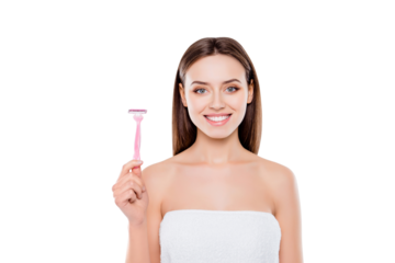 Easily quickly painlessly usage of shaver concept. Portrait of satisfied attractive woman covered with white towel demonstrating pink feminine disposable razor isolated on white background