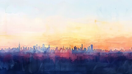 Minimalist watercolor of a distant city skyline at dawn, the horizon bathed in gentle light to relax and welcome patients to the clinic