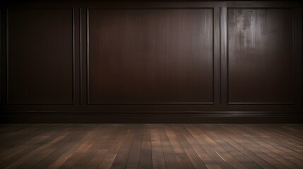 Dark Brown Wall with wooden Flooring. Empty Room for Product Presentation