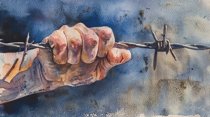 Watercolor close-up of a hand with a small wound, gripping a piece of barbed wire, the harsh metal contrasting with vulnerable skin