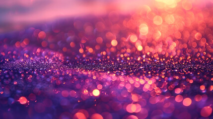 Violet glitter defocused twinkly lights, resembling a vibrant sunset.