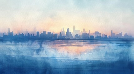 Minimalist watercolor of a distant city skyline at dawn, the horizon bathed in gentle light to relax and welcome patients to the clinic