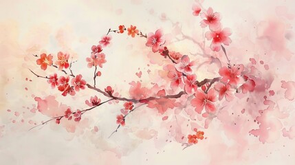 Minimalist watercolor of cherry blossoms against a soft pastel sky, the simplicity and grace of the scene promoting a peaceful environment