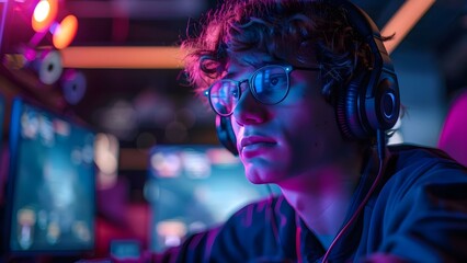 Fototapeta premium Gamer streaming online games in a neon-lit studio, wearing headphones and glasses. Concept Online Gaming, Live Streaming, Neon Lights, Headphones, Gamer Fashion
