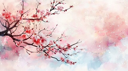 Minimalist watercolor of cherry blossoms against a soft pastel sky, the simplicity and grace of the scene promoting a peaceful environment