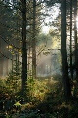 Obraz premium Journey into the heart of the wilderness at dawn, with the forest coming alive with the sounds of awakening wildlife and the air filled, Generative AI