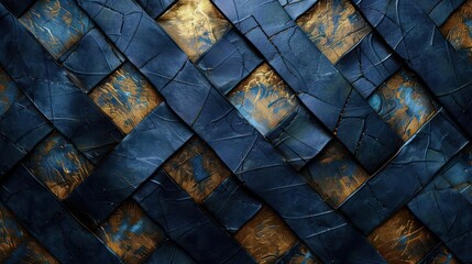 dark tapestry with a pattern of interlocking geometric shapes and shades of blue