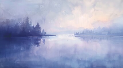 Soothing watercolor of a soft twilight over a calm lake, the subtle gradations of blue and purple creating a relaxing backdrop