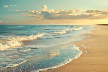 Fototapeta premium Golden sunlight reflecting on gentle ocean waves and sandy beach
