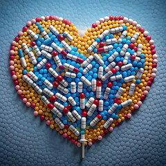 Set of pills and needles around it and heart 