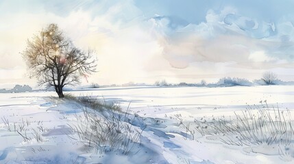 Obraz premium Tranquil watercolor of an open field under a clear sky, the simplicity of the scene fostering a sense of openness and relaxation