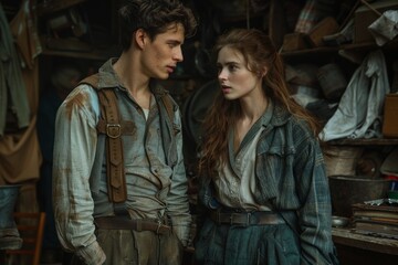 Obraz premium Historical drama scene, young couple in rustic setting