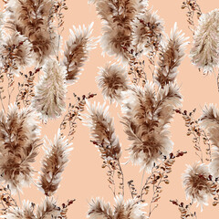 Watercolor seamless pattern with pampass and herbs.