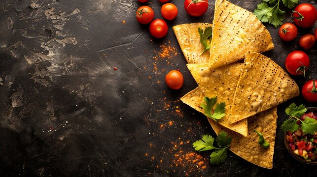 Fresh tortilla chips topped with diced tomatoes, cilantro, and parsley on a plate