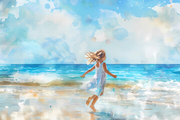Naklejka premium A girl in a white dress runs along the seashore. Happiness, summer, vacation, vacations. Watercolor illustration.