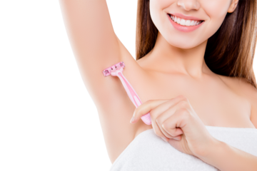 Cropped close up photo of beautiful attractive woman using pink shaver to remove unnecessary hair from armpits isolated on white background. Wellness wellbeing remover concept
