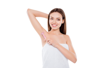 Shaver using concept. Portrait of satisfied excited with toothy beaming smile attractive woman wearing white towel removing hair from armpits isolated on white background. Wellbeing wellness concept