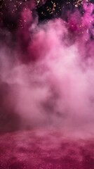 Magenta smoke empty scene background with spotlights mist fog with gold glitter sparkle stage studio interior texture for display products blank 