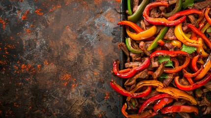 Tray filled with Mexican fajitas and peppers on a wooden table