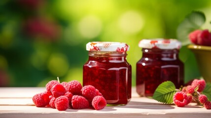 Natural homemade raspberry preserves or jams in a glass jars on a wooden table with berries on blurred garden background. Healthy, increase immunity food
