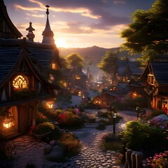 Fototapeta premium rustic village bathed in ethereal glow reminiscent of a heavenly realm realistic style enhanced