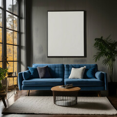 a spacious modern living room with a large, plush blue sofa and a big white mockup frame on the wall above it. Include a shaggy grey rug on the floor and a sleek glass coffee table.