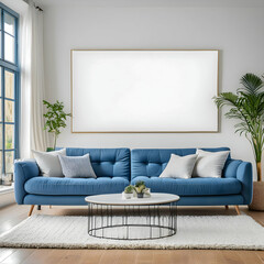 a spacious modern living room with a large, plush blue sofa and a big white mockup frame on the wall above it. Include a shaggy grey rug on the floor and a sleek glass coffee table.