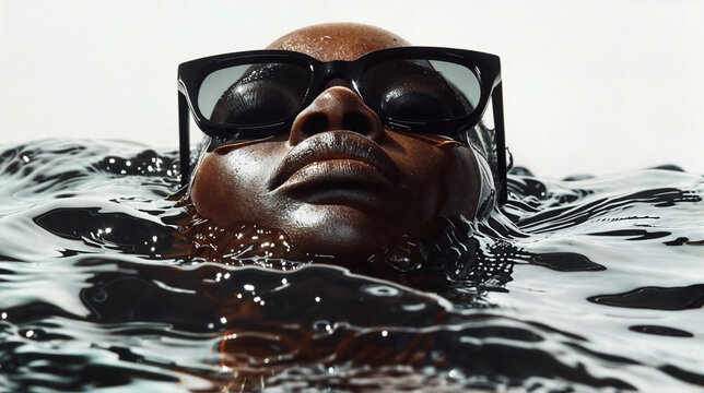 Portrait of a black female model laying in water wearing dark sleek sunglasses. Beautiful woman in fashion editorial style