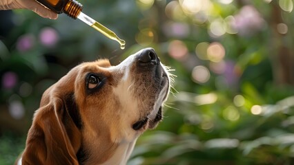 Dog receiving CBD hemp oil for anxiety treatment innovative pet care solution. Concept Pet Care, CBD Oil, Anxiety Treatment, Innovative Solutions, Dog Health