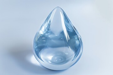 A translucent water drop sculpture with a crystal appearance on a soft blue background, symbolizing purity and clarity