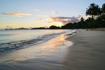 Golden sunset reflecting on gentle waves and sandy shore