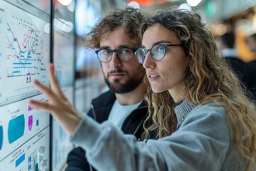 Two young professionals discuss analytics on a digital screen in a dynamic office setting.